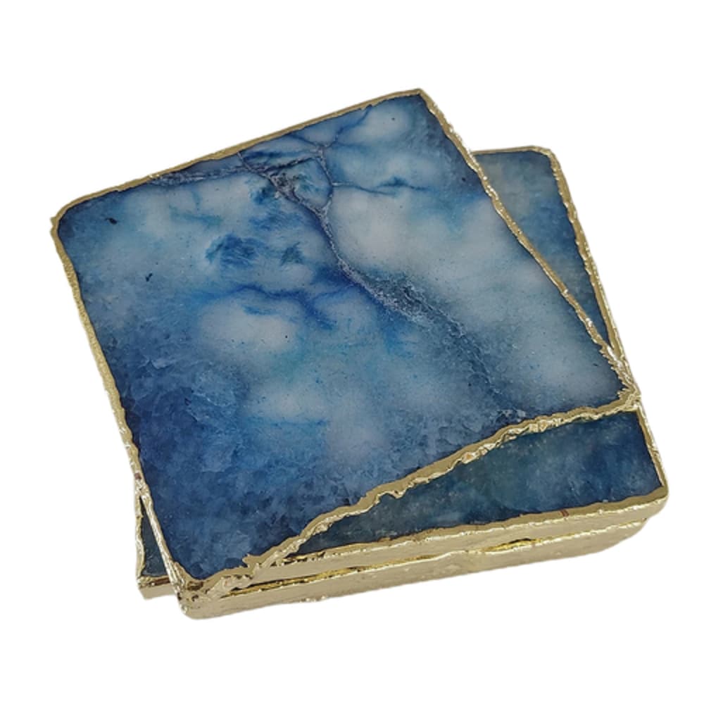 Blue Agate Coaster Set With Gold Plated Trim, 4 Pcs