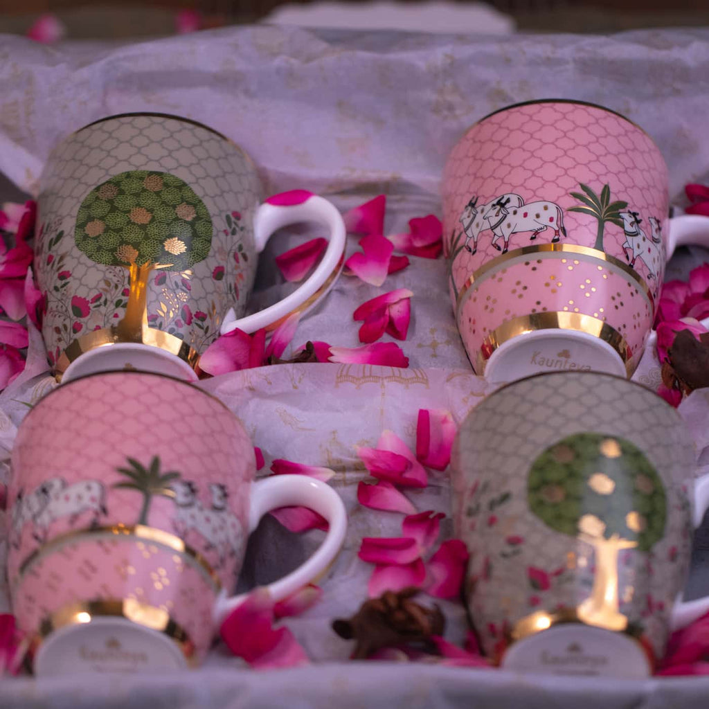 Gift Set – 2 Pichwai Green Mugs And 2 Pichwai Pink Mugs