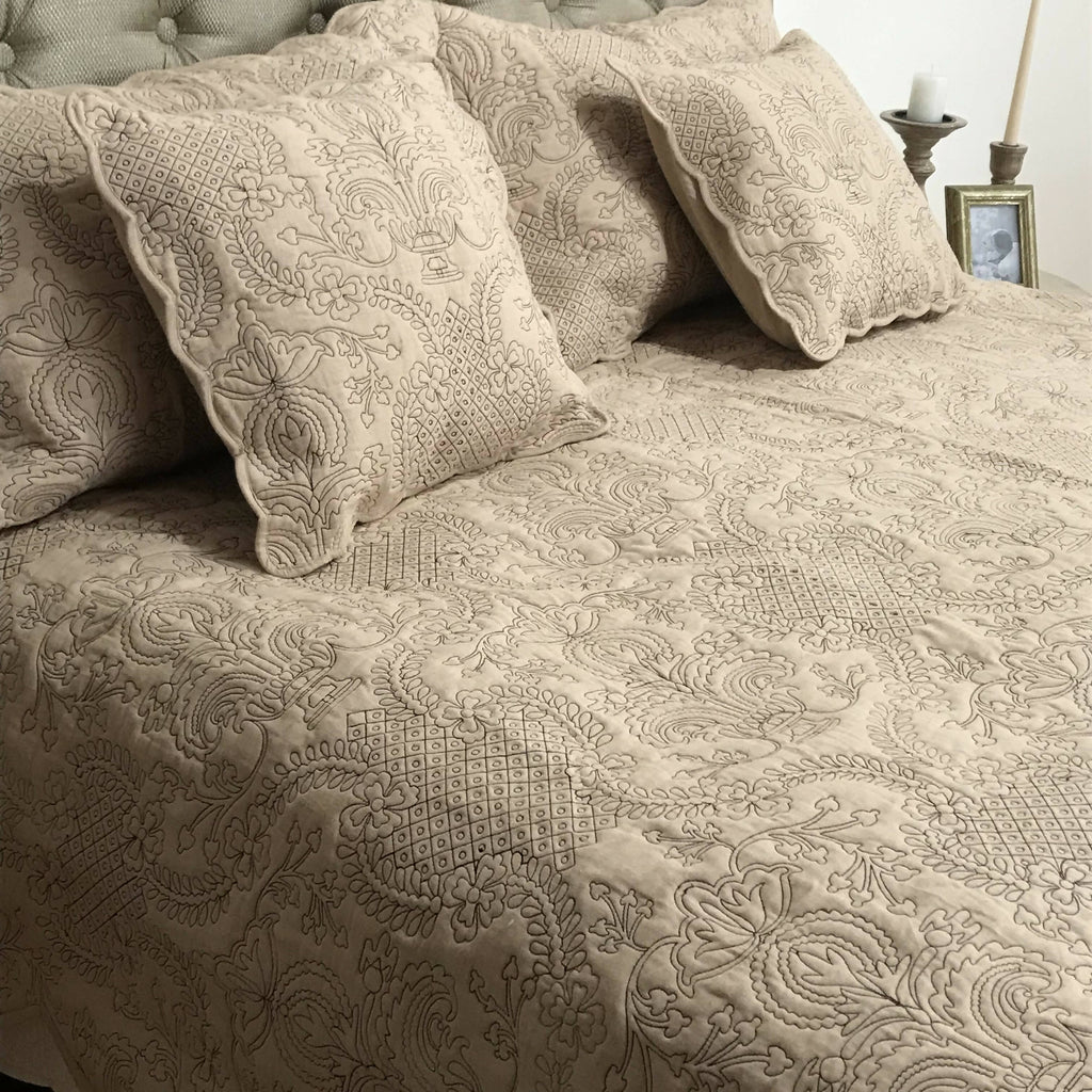 Beige-Brown Grandeur Embroidered Cotton Bedspread Set