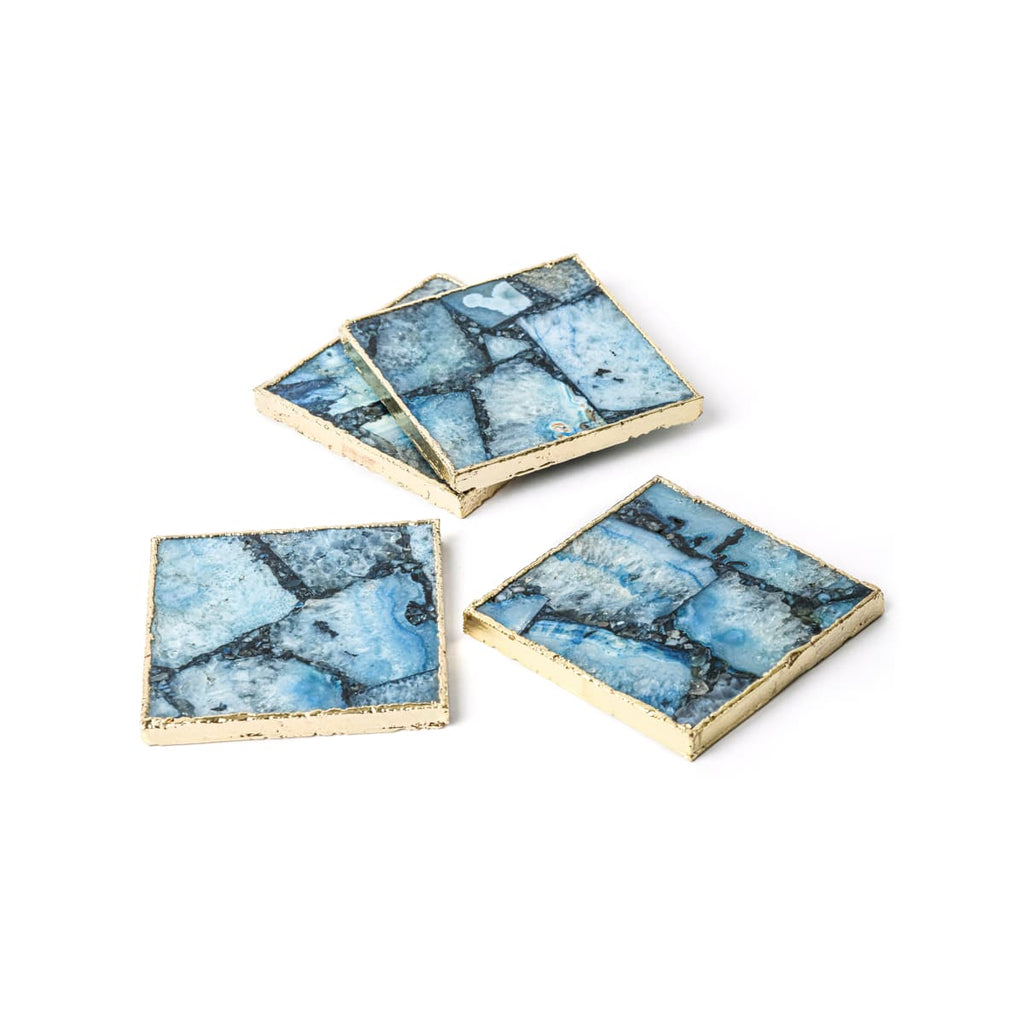 Blue Agate Composite Square Coasters With Gold Trim, 4 Pcs