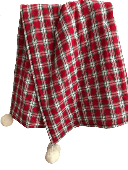 Red Plaid Pom Pom Throw (127 cm x 152 cm)