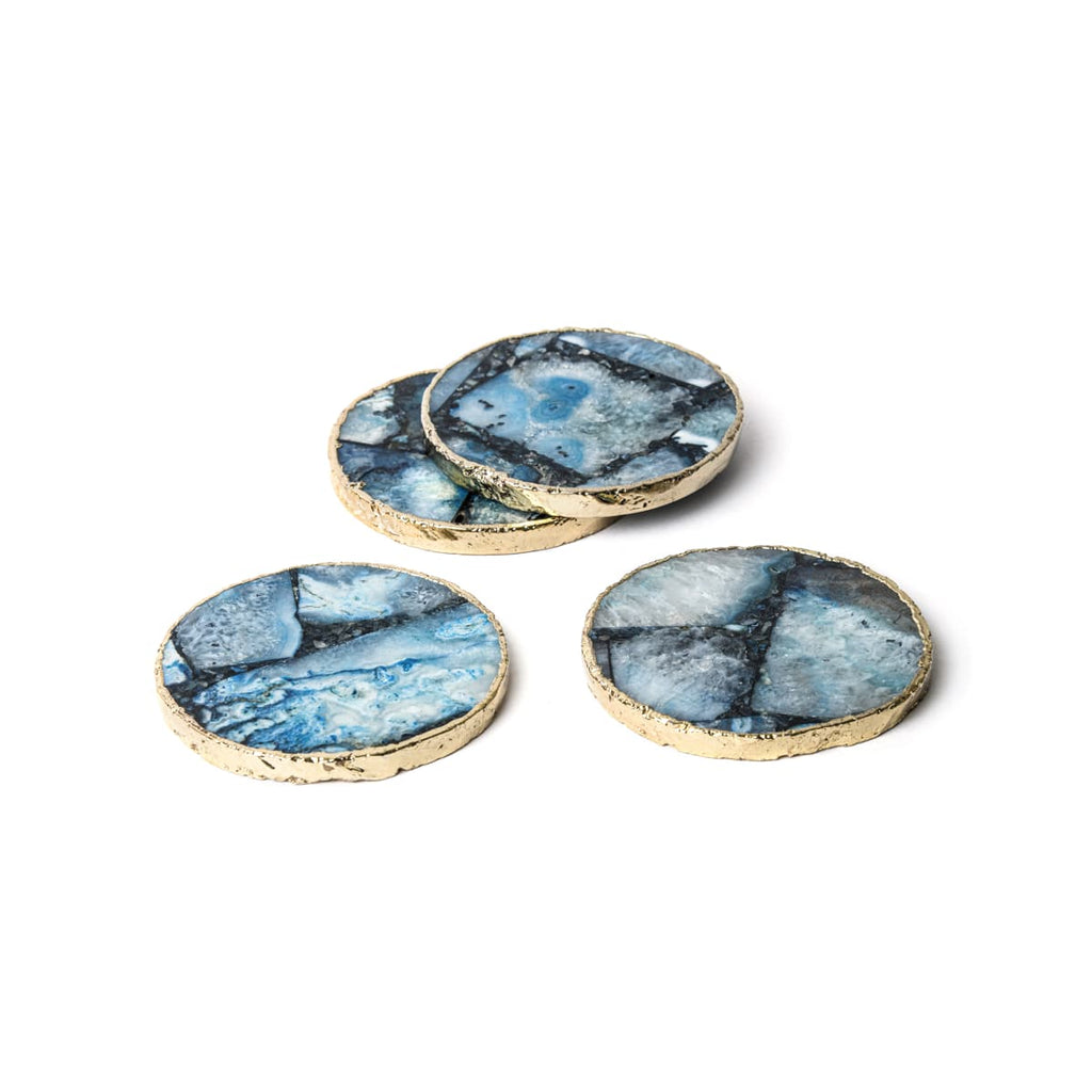 Blue Agate Composite Round Coasters With Gold Trim, 4 Pcs