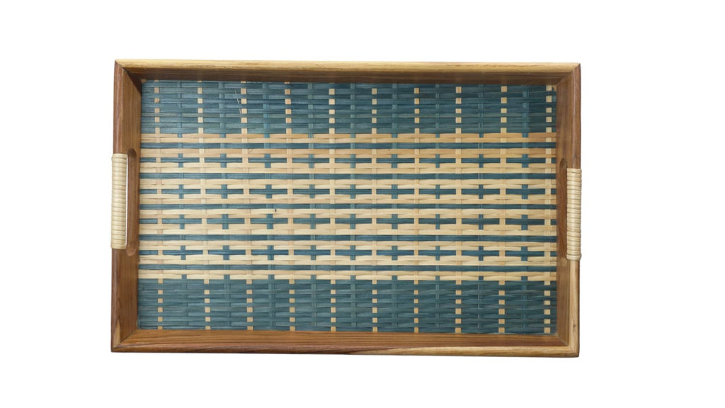 Cane And Teak Tray (Blue / Natural)