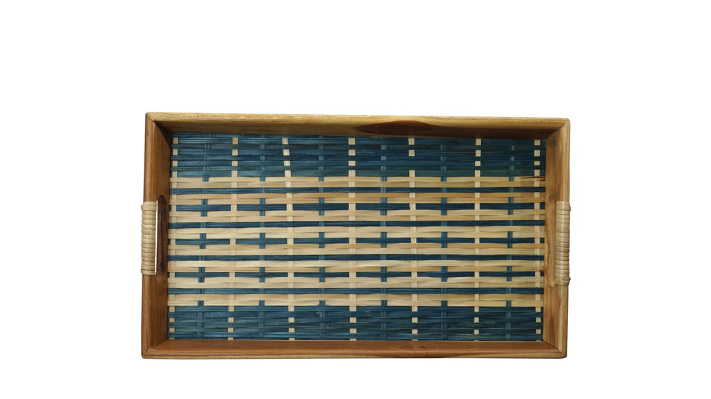 Cane And Teak Tray (Blue / Natural)