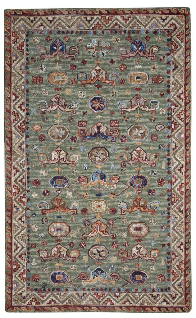 Ornate Green and Gold Wool Rug