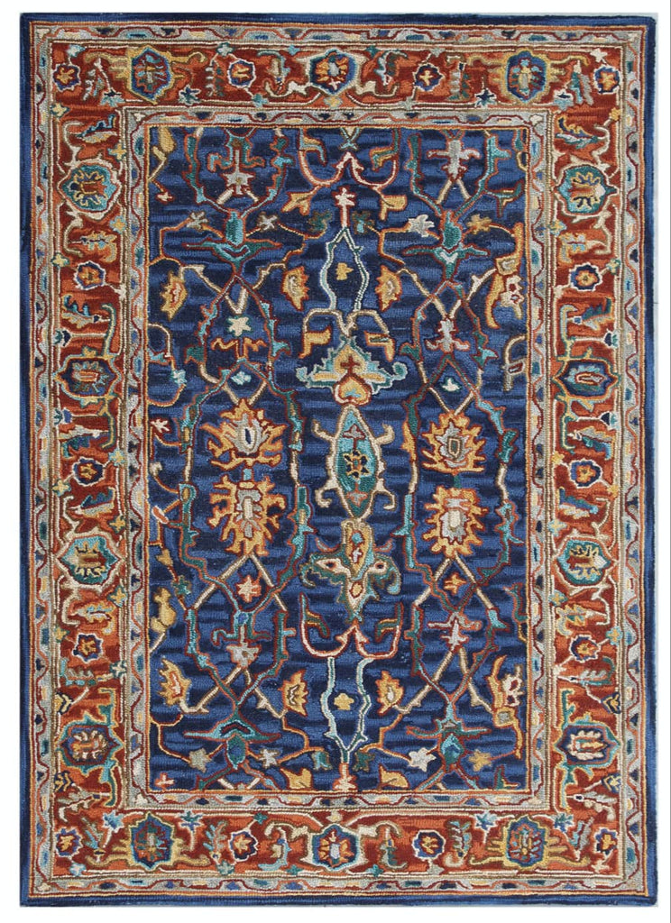 Ornate Navy and Rust Wool Rug