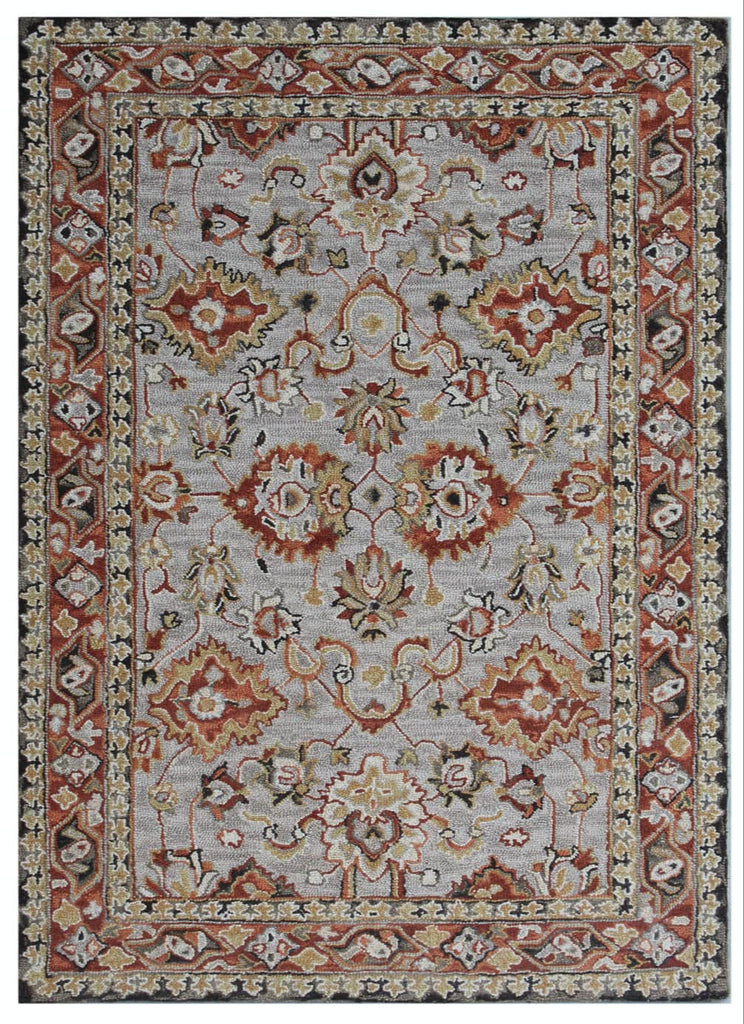 Ornate Beige and Red Wool Rug