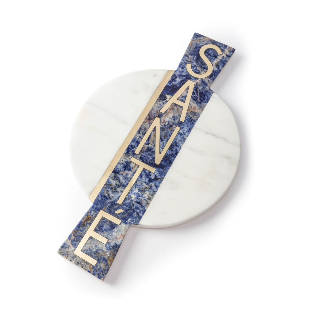 Sante Inlayed Cheese Platter, White Marble, Blue Lapiz & Brass,