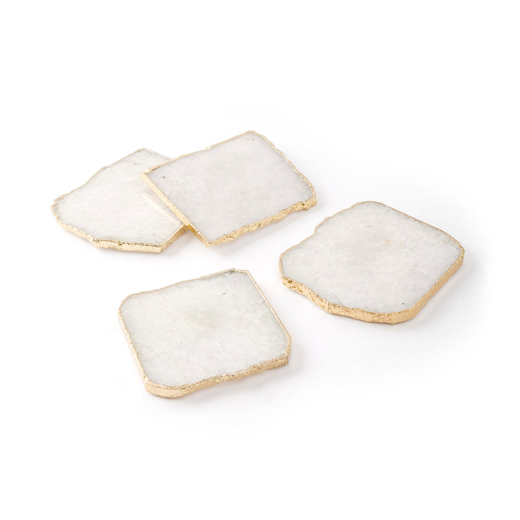 White Quartz Coaster With Gold Trim, 4 Pcs