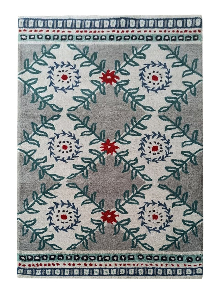 Grey And Blue Floral Hand Tufted Rug