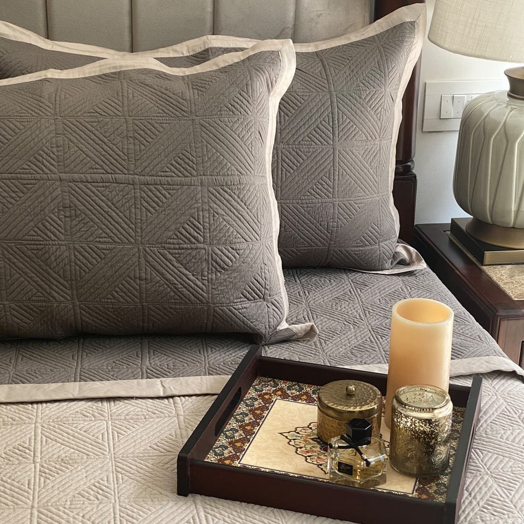 Beige & Olive Grey Cubist Bedspread