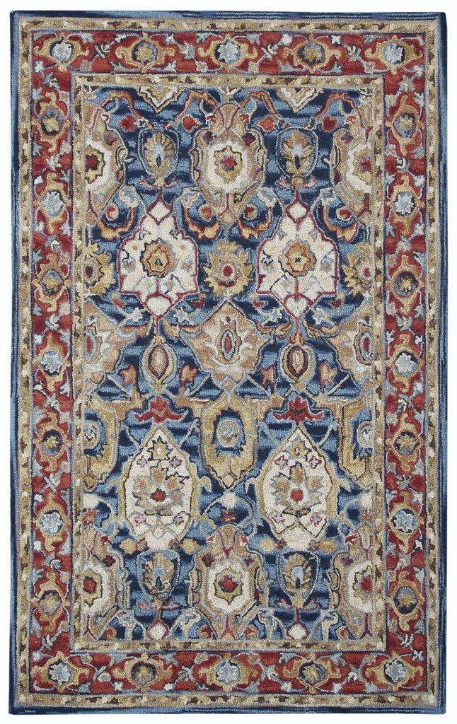 Ornate Blue and Rust Wool Rug